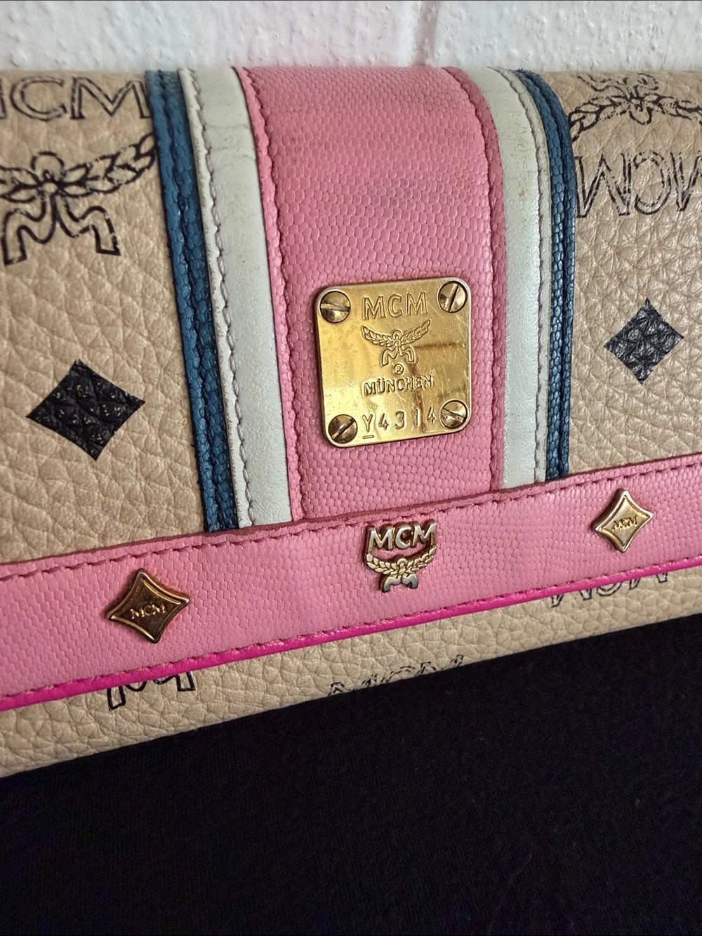 MCM Beige Logo Continental Wallet with Pink Trim and Blue-White Stripe